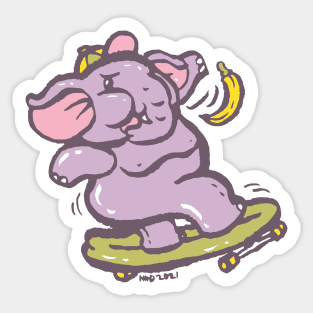 Asian purple elephant playing surf skate with banana Sticker